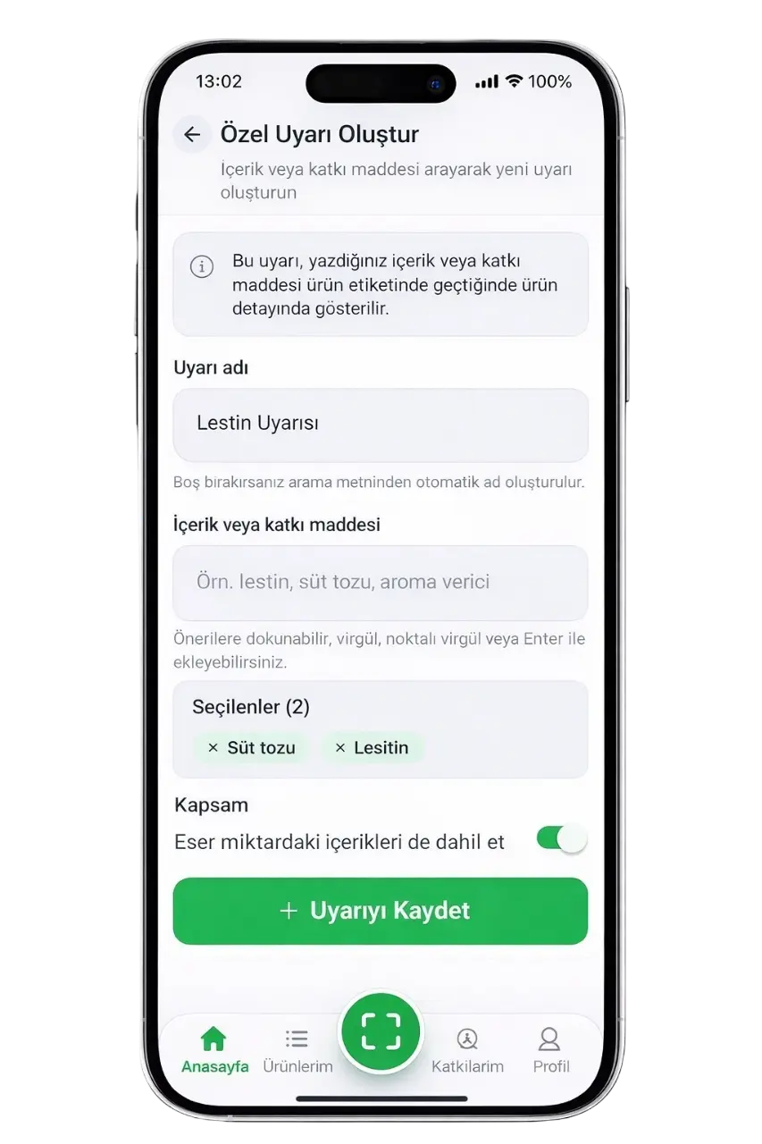 İçindeki Ne? özel uyarı oluşturma ekranı