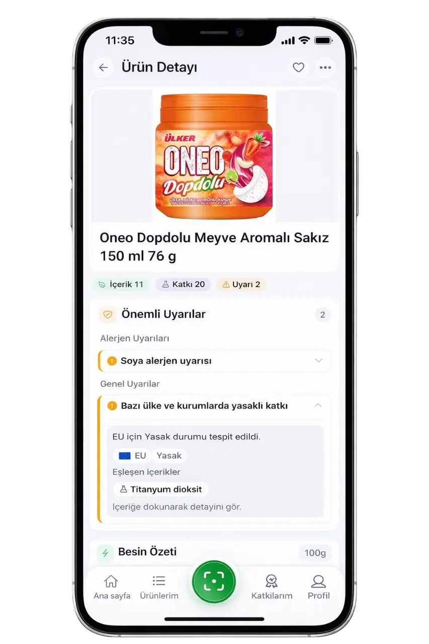 İçindeki Ne? yasaklı katkı uyarı ekranı